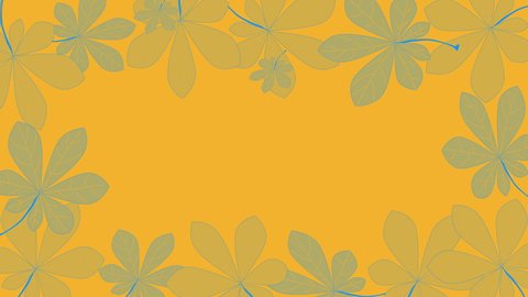 Hand drawn animation background with moving chestnut leaves. Yellow blue background, frame, cadre, copy space. Seamless loop.