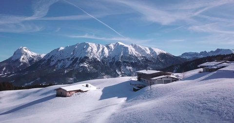 View of mountain huts in winter, Achenkirch, Austria