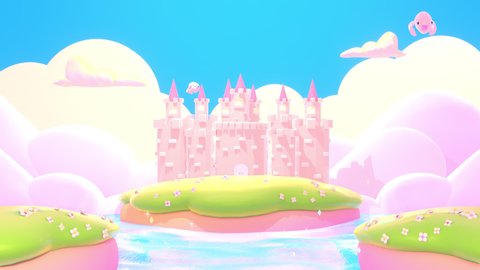 Looped beautiful cartoon castle scene in the morning. Cute dolphin jumping out of the water and birds flying in the blue sky animation.