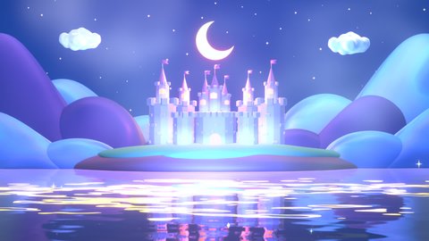 Looped cartoon castle at night animation.