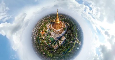 Shwedagon Pagoda - Myanmar (Burma) Aerial Timelapse - Tiny Little Planet Video Buddhist Temple 