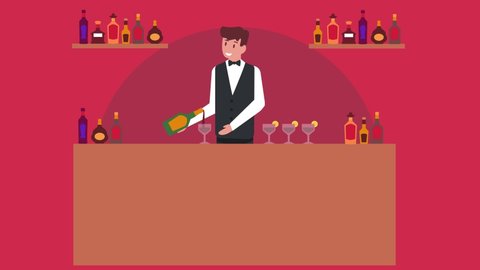 Male bartender animation pouring alcoholic drink from a bottle into a glass while serving to his customer in the bar. Shot in 4k resolution