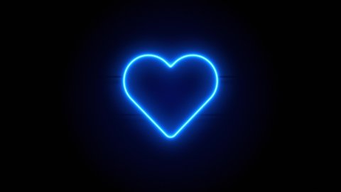 Heart neon sign appear in center and disappear after some time. Animated blue neon symbol on black background. Looped animation.