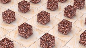 Arabica and brown robusta roasted coffee beans 3d render animated abstract background, aromatic espresso and morning cappuccino seamless looping 4k animation, coffee time creative concept