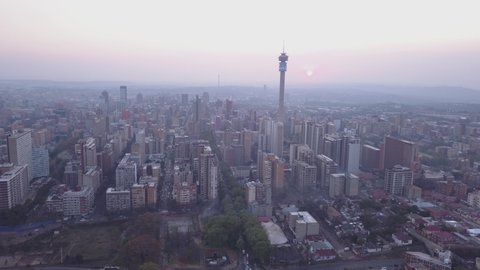 Johannesburg, South Africa - 19 August 2020: Aerial view over the downtown area of the city of Johannesburg, South Africa