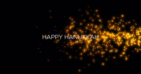 Flying golden glitter, shining particles with appearing text Happy Hanukkah