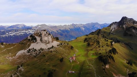 Popularf tourist hotspot in the Swiss Alps called Schynige Platte mountain - aerial view