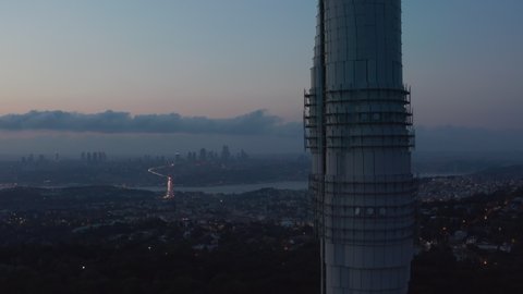 Blinking flashing Lights on Istanbul TV Tower with Amazing View over all of Istanbul, Aerial Crane up, Istanbul, Turkey on September 17th 2020