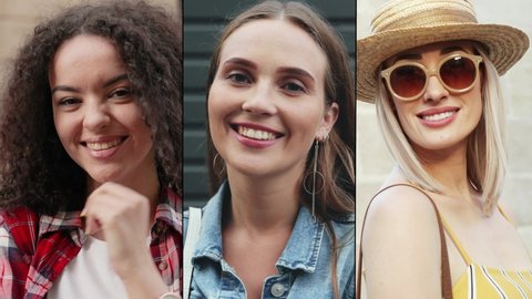 Collage of different pretty Caucasian woman outdoors. Slow motion. Beautiful curly female in good mood on street. Happy young girl in hat and sunglasses smiling to camera in city. Portrait concept