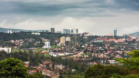 Timelapse video of Kigali city skyline and surrounding areas, showing movement of clouds and cars