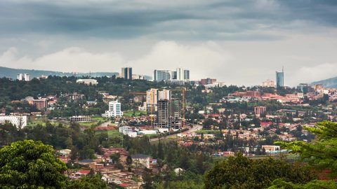 Timelapse video of Kigali city skyline and surrounding areas, showing movement of clouds and cars