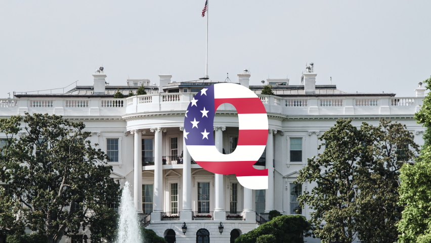 Q Anon, far-right conspiracy theory and deep state. Mystical Q letter with USA flag with the white house on the background Royalty-Free Stock Footage #1061665984
