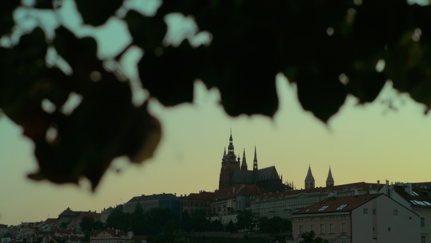 silhouette of St. Vitus Cathedral in Prague, Czech Republic through foliage at sunset.