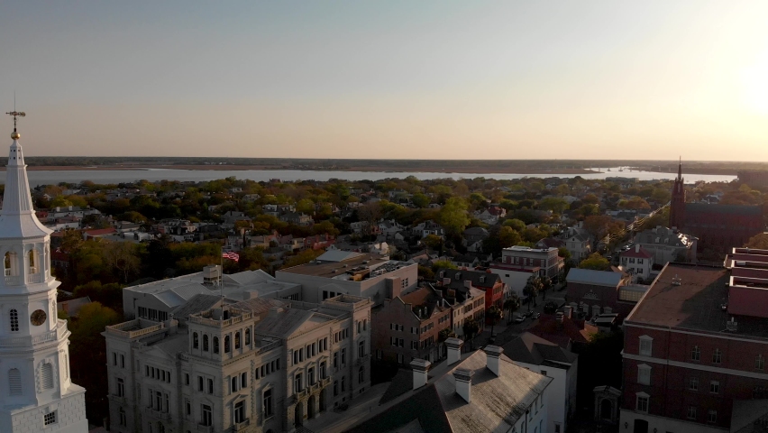Panoramic aerial view of Charleston skyline from city park, South Carolina