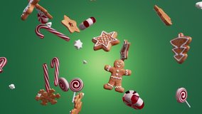 3d holiday animation with Christmas ornaments balls cookies candies biscuits fall spin and rotate, isolated on green background. - Powered by Shutterstock - Get 15% off with code: PIKWIZARD15