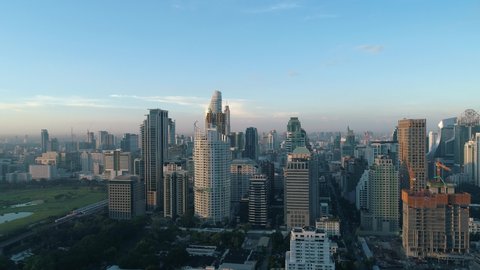 Bangkok Skyline Drone Flight During Sunset in Thailand 