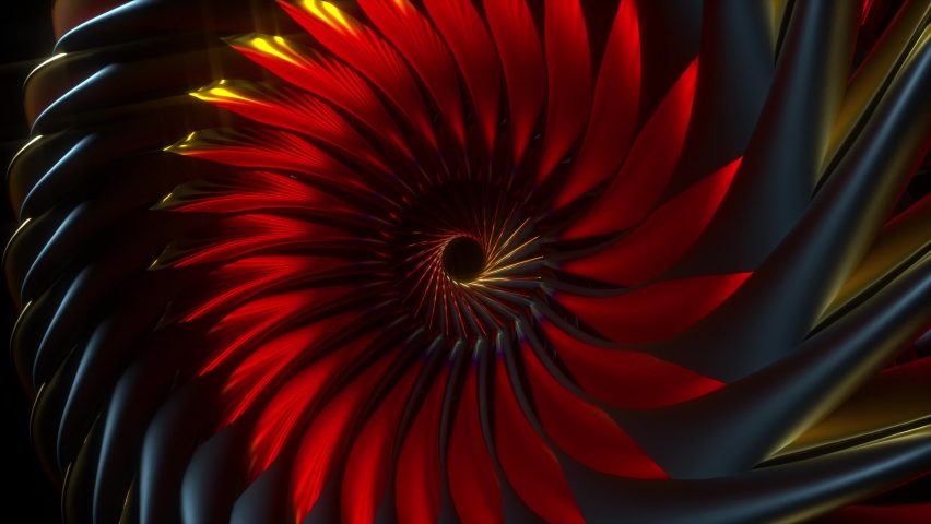 3d video of abstract art of 3d industrial background with surreal turbine jet engine or alien flower in spiral pattern sharp curve blades in gold and black matte rubber material with glare effect