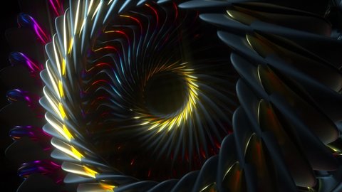 3d video of abstract art of 3d industrial background with surreal turbine jet engine or alien flower in spiral pattern sharp curve blades in gold and black matte rubber material with glare effect