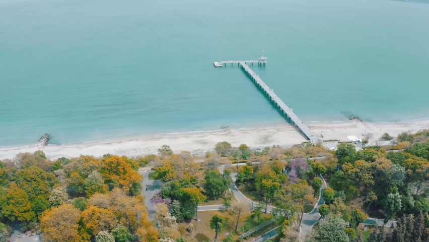 Aerial view of bridge on Black sea coast in Burgas city, Bulgaria