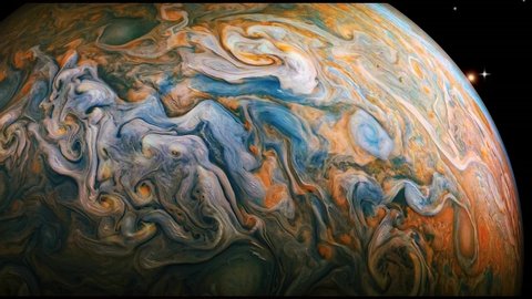 Gas Giant Planet Jupiter Animated Stock 4K Footage. Planet Jupiter Gas Cloud Movement inside planet orbit of Solar System isolated on Deep Sky Stars Background, 3D Animation, Alpha. 