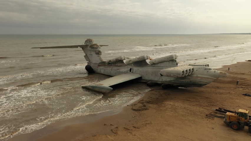 Lun-class ekranoplan, a formerly top-secret Soviet naval vessel. Giant flying ship on the coast of the Caspian Sea. Russia, Dagestan. (No color grading)