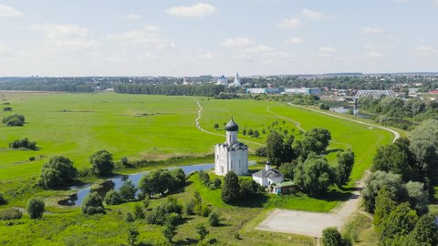 Russia, Bogolyubovo. Aerial view of Church of the Intercession on the Nerl. Orthodox church and a symbol of medieval Russia, Aerial View, Point of interest