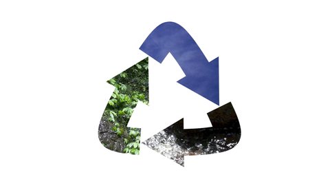 Recycle Logo Rotating with Nature Video Overlay on White Background and Green Screen