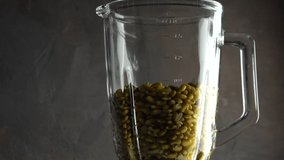 The chef pours water into the bowl of a soy bean blender. Raw soy seed food, organic texture on top, high fiber, protein and healthy food content, video.