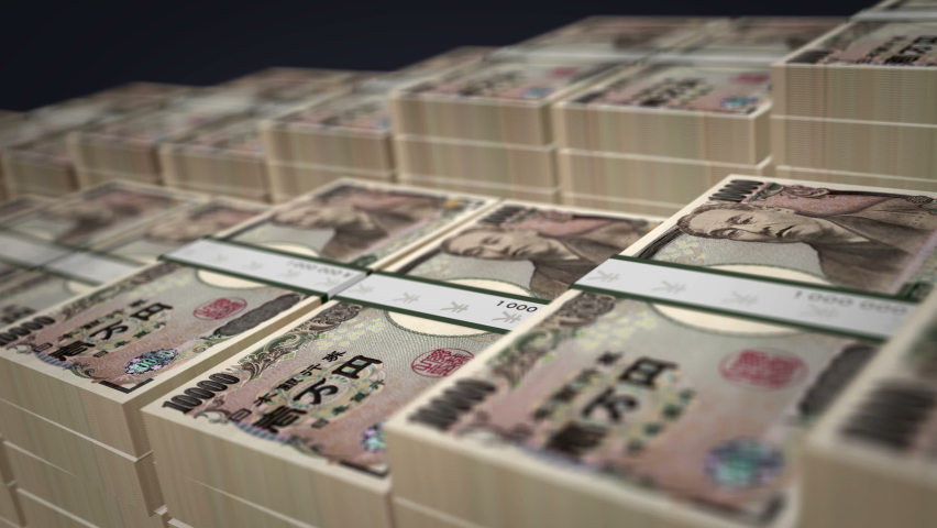 Japanese yen banknote bundle growth loop. 10000 JPY money stacks. Concept of cash pack, crisis, banking, business, success, recession, economy, bank, debt and finance. Loopable seamless 3d animation. Royalty-Free Stock Footage #1061697637