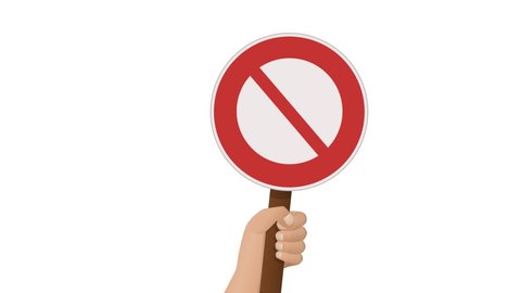 A hand holds up a prohibition sign, and then lowers it with white background