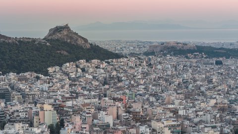 Beautiful sunset, Aerial View Shot of Athens, Vast Ancient City, Greece