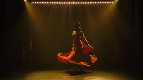 Silhouette of a charming middle aged woman passionately dancing flamenco in a dark studio. Burning brunette in a long red dress on a smoky background with yellow light. Slow motion.