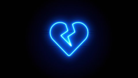 Broken Heart neon sign appear in center and disappear after some time. Animated blue neon symbol on black background. Looped animation.