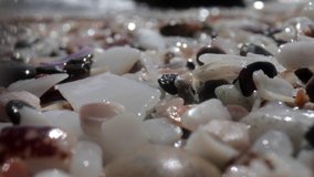 Close up macro video of pebbles glistening on beach with sea in background