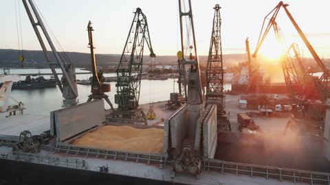 Loading of a dry cargo ship by wheat cranes in city port Varna on sunset  import of transportation by water aerial view. Export, import of dry cargoes around world. Industrial