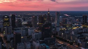 Establishing Aerial View of Warsaw, City Center, PKiN, Warszawa, Poland, Polska pink sky