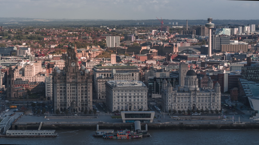 Establishing Aerial View of Liverpool UK, City Waterfront, United Kingdom