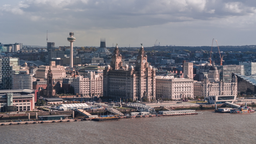 Establishing Aerial View of Liverpool UK, beautiful City Waterfront, United Kingdom Royalty-Free Stock Footage #1061716810