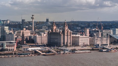 Establishing Aerial View of Liverpool UK, beautiful City Waterfront, United Kingdom