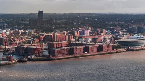 Establishing Aerial View of Liverpool UK,  Royal Albert Dock Liverpool & Wapping Dock, United Kingdom