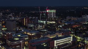 Aerial View Shot of Birmingham UK, west England, United Kingdom, night evening dusk