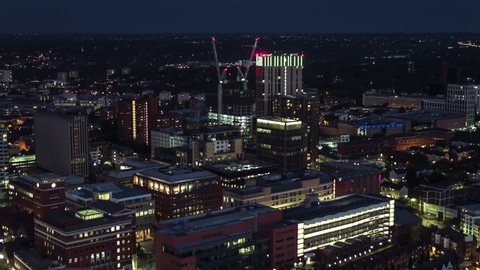 Aerial View Shot of Birmingham UK, west England, United Kingdom, night evening dusk