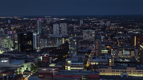 Aerial View Shot of Birmingham UK, awesome lights, United Kingdom, night evening dusk
