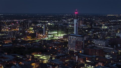 Aerial View Shot of Birmingham UK, United Kingdom, early night evening dusk