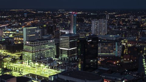Aerial View Shot of Birmingham UK, beautifully lit, United Kingdom, night evening dusk