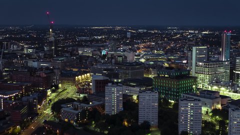 Aerial View Shot of Birmingham UK, United Kingdom, night evening dusk, crossing calm street