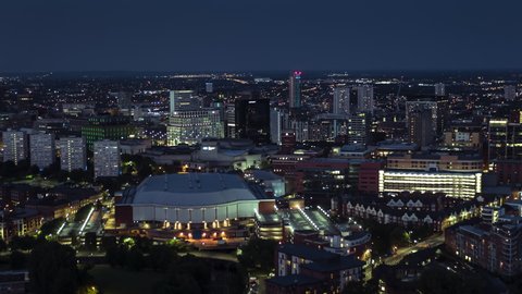 Aerial View Shot of Birmingham UK, United Kingdom, night evening dusk, city asleep