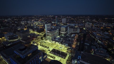 Aerial View Shot of Birmingham UK, United Kingdom, night evening dusk, empty center