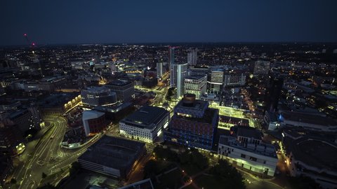 Aerial View Shot of Birmingham UK, United Kingdom, night evening dusk, clear sky