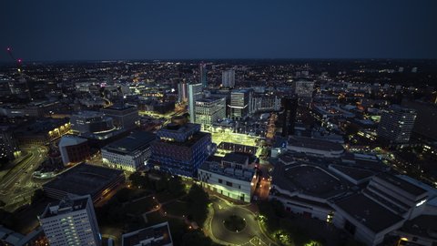 Aerial View Shot of Birmingham UK, United Kingdom, night evening dusk calm city and clear sky